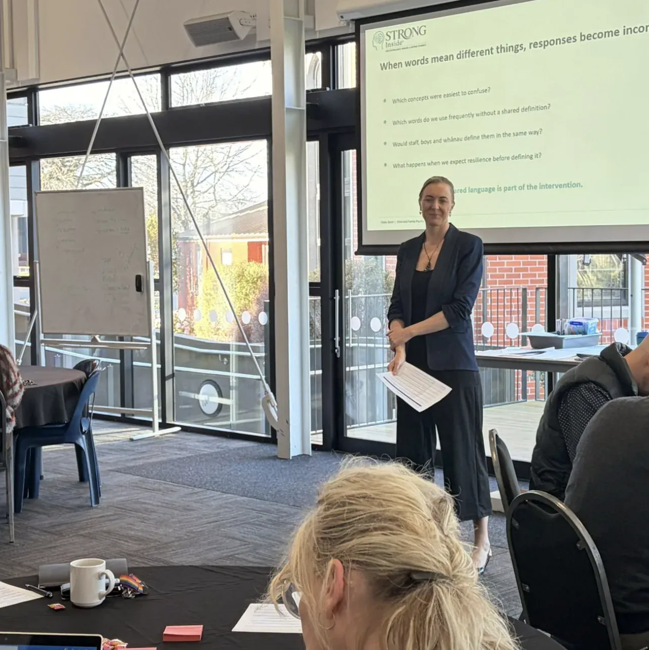 Emily Baird facilitating a STRONG Inside session with a room of professionals.