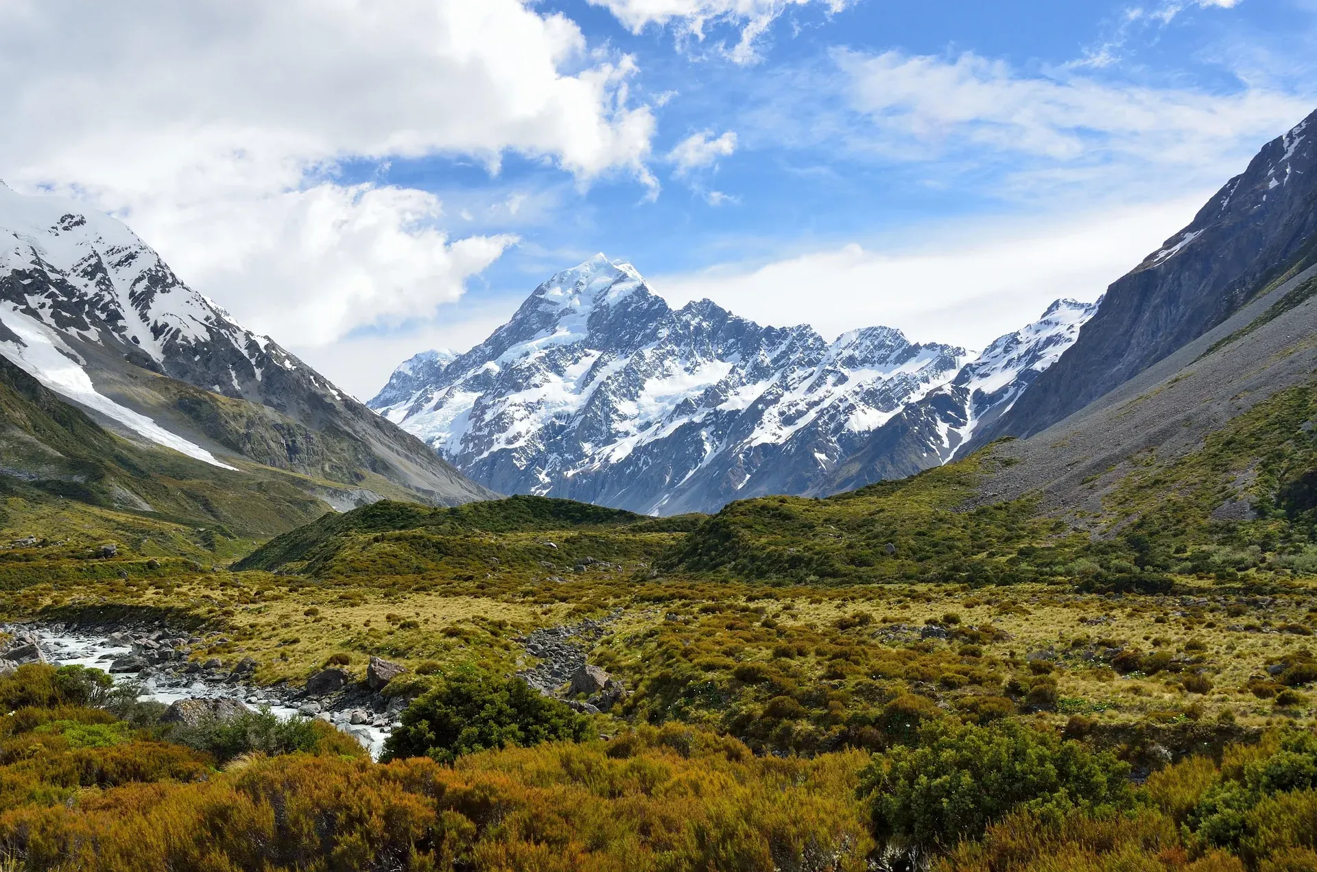 The Hooker Valley and its river leading towards Aoraki Mount Cook.